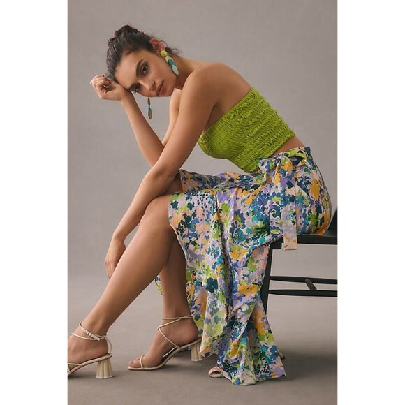 Anthropologie Maeve Ruffled Wrap Maxi Skirt Floral High-Low Wrap Skirt Large - Picture 2 of 9